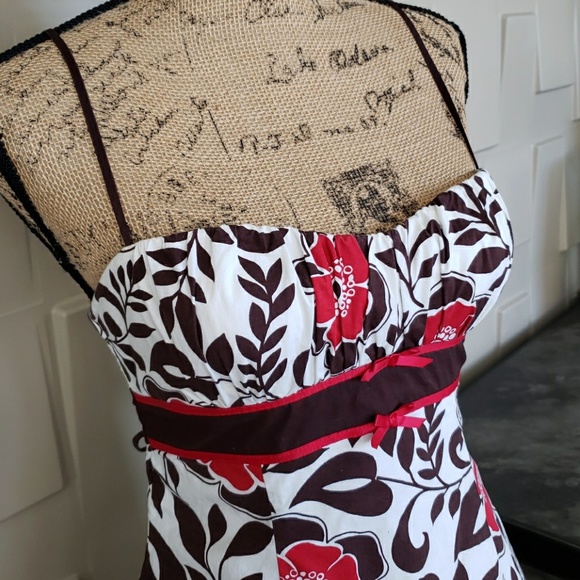 Ruby Rox dress sundress brown white red floral spaghetti strap full skirt Size 9 - Picture 2 of 4